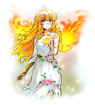 1girl ahoge blonde_hair blush breasts collarbone cowboy_shot dress facing_viewer faith_seed far_cry far_cry_5 female_focus fire floating_hair flower hand_up highres iesupa long_hair looking_at_viewer parted_lips prosthesis prosthetic_arm purple_eyes rose rwby solo standing teeth wavy_hair wings yang_xiao_long