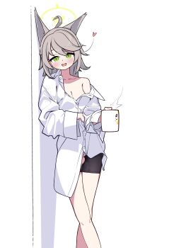 1girl absurdres ahoge animal_ears bike_shorts blue_archive blush borrowed_clothes breasts brown_hair coffee_mug collared_shirt commission cup fox_ears fox_girl green_eyes green_halo halo heart highres long_malin mug otogi_(blue_archive) pixiv_commission shirt simple_background spoken_heart torn_clothes