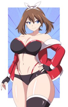 1girl absurdres abysswatchers bikini black_bikini black_gloves black_socks blue_eyes breasts brown_hair earrings english_text gloves hairband highres jacket jewelry large_breasts may_(pokemon) nintendo panties pokemon red_jacket red_nails red_panties short_hair single_sock socks swimsuit underwear white_hairband