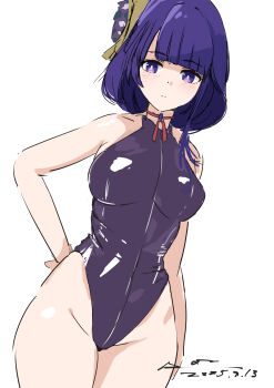 1girl absurdres black_leotard breasts genshin_impact headgear heattech_leotard highleg highleg_leotard highres large_breasts leotard looking_at_viewer purple_eyes purple_hair raiden_shogun ron_(4090821) shiny_clothes simple_background solo turtleneck white_background