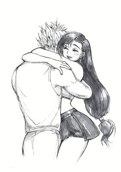 1boy 1girl arms_around_neck bare_shoulders black_hair black_skirt blush cloud_strife commentary couple cowboy_shot crop_top earrings english_commentary final_fantasy final_fantasy_vii final_fantasy_vii_remake from_behind greyscale heads_together hetero highres hug jewelry linono long_hair low-tied_long_hair miniskirt monochrome open_mouth pants pleated_skirt shirt short_hair single_earring skirt sleeveless sleeveless_shirt smile spiked_hair tank_top thighs tifa_lockhart traditional_media white_background white_tank_top