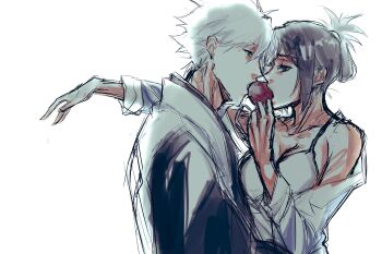 Rule 34 | 1boy, 1girl, almightybuttcheeks, apple, black hair, bleach, bleach: epilogue, blue eyes, bra, breasts, cleavage, commentary, english commentary, folded ponytail, food, fruit, hetero, highres, hitsugaya toushirou, hitsugaya toushirou (adult), holding, holding food, holding fruit, japanese clothes, kurosaki karin, large breasts, mouth hold, off shoulder, shared food, shirt, strap slip, underwear, white bra, white hair, white shirt