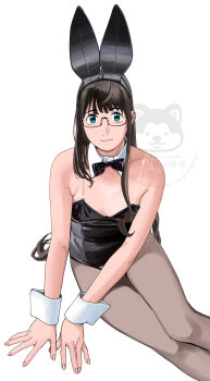 1girl absurdres alternate_costume animal_ear_hairband animal_ears black_bow black_bowtie black_hair black_leotard bow bowtie detached_collar fake_animal_ears feet_out_of_frame green_eyes grey_pantyhose hairband highres kantai_collection leotard long_hair looking_at_viewer ojipon ooyodo_(kancolle) pantyhose playboy_bunny rabbit_ears see-through_strap simple_background sitting solo watermark white_background wrist_cuffs yokozuwari