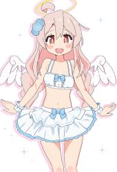 Rule 34 | 1girl, :d, ahoge, angel, angel wings, bare arms, bare legs, bare shoulders, blue bow, blush stickers, bow, braid, breasts, brown eyes, commentary, crop top, flower, hair between eyes, hair flower, hair ornament, highres, long hair, midriff, navel, noyama takenoko, official alternate costume, onii-chan wa oshimai!, open mouth, oyama mahiro, pink hair, simple background, skirt, small breasts, smile, solo, sparkle background, twin braids, very long hair, white background, white skirt, wings, wrist cuffs