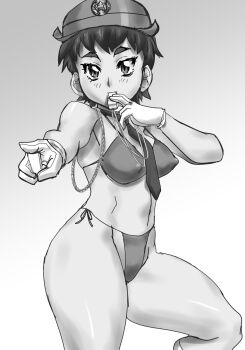 1girl adapted_costume ai_kuruma bikini bikini_bottom gloves hat highres hinokawa_jun monochrome necktie police police_hat police_uniform policewoman short_hair swimsuit thick_eyebrows transformers transformers_binaltech whistle