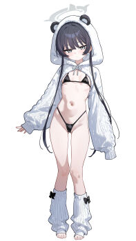 1girl absurdres alternate_costume bikini black_bikini black_hair blue_archive breasts commentary eco_376124 full_body halo highres hood kisaki_(blue_archive) long_hair navel shrug_(clothing) simple_background small_breasts solo swimsuit symbol-only_commentary white_background