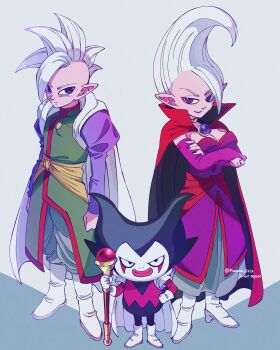 breasts brother_and_sister cape chinese_clothes cleavage colored_skin degesu demon demon_girl dr._arinsu dragon_ball dragon_ball_daima evil_smile facial_mark floating_hair gomah_(dragon_ball) highres kaioushin komesan_0212 long_bangs mohawk pink_skin pointy_ears purple_eyes scepter siblings smile smug white_footwear white_hair