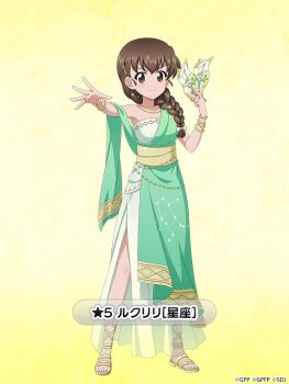 1girl ancient_greek_clothes blush bow bracelet braid breasts brown_eyes brown_hair character_name chiton collarbone commentary_request constellation_print dress full_body gemini_(constellation) gemini_(zodiac) girls_und_panzer girls_und_panzer_senshadou_daisakusen! gladiator_sandals gradient_background gradient_clothes gradient_dress greco-roman_clothes green_dress hair_bow hair_ornament hairclip holding holding_mask jewelry legs long_dress long_hair looking_at_viewer mask necklace official_art outstretched_arm rukuriri_(girls_und_panzer) sandals sash see-through_clothes see-through_dress side_slit single_bare_shoulder single_braid smile standing star_(symbol) star_print translated white_bow yellow_background yellow_sash zodiac