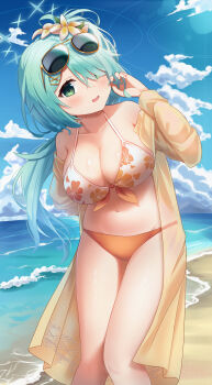 1girl absurdres aqua_hair armpit_crease beach bikini blue_archive blue_sky breasts cleavage cloud commentary eyes_visible_through_hair eyewear_on_head floral_print floral_print_bikini flower green_eyes hair_flower hair_ornament hair_over_one_eye hand_in_own_hair highres hiyori_(blue_archive) hiyori_(swimsuit)_(blue_archive) jacket large_breasts long_hair looking_at_viewer navel ocean official_alternate_costume open_mouth orange_bikini print_bikini see-through_clothes see-through_jacket side_ponytail sky smile solo stomach sunglasses swimsuit wjddn yellow-framed_eyewear