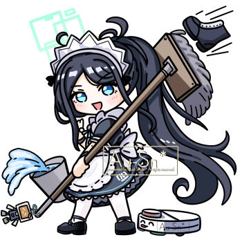 1girl :d ^_^ absurdres apron aqua_eyes aqua_halo aqua_ribbon aris_(blue_archive) aris_(maid)_(blue_archive) artist_name back_bow black_boots black_dress black_hair black_shoes black_wrist_cuffs blue_archive blush boots bow bucket chibi chinese_commentary closed_eyes commentary_request dress frilled_apron frilled_dress frills full_body halo hand_up high_ponytail highres holding holding_mop kei_(robot)_(blue_archive) long_hair long_sidelocks looking_at_viewer maid maid_apron maid_headdress mary_janes merchandise_available mop motion_lines neck_ribbon number_print objectification official_alternate_costume official_alternate_hairstyle open_mouth pantyhose parted_bangs ponytail puffy_short_sleeves puffy_sleeves rectangular_halo ribbon robotic_vacuum_cleaner sensei_(blue_archive) shoes short_sleeves sidelocks simple_background smile solo spilling standing tongue tongue_out unworn_boots very_long_hair water watermark white_apron white_background white_bow white_headdress white_pantyhose wrist_cuffs yimaxue