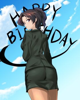 Rule 34 | 1girl, abimaru gup, absurdres, ass, ass focus, blue sky, breasts, brown hair, brown pantyhose, cloud, dark skin, from behind, from below, girls und panzer, girls und panzer saishuushou, green jacket, green skirt, hachiya chitose, happy birthday, highres, jacket, japan self-defense force, military, military dress uniform, military uniform, miniskirt, pantyhose, pencil skirt, ponytail, skirt, sky