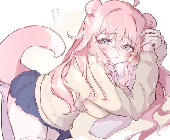 1girl ahoge blue_skirt borrowed_design breasts collared_shirt commentary cowboy_shot dress_shirt gen_1_pokemon grey_eyes gyaru gyaru_slowpoke_(shin_no_tenpii) hair_intakes highres knees_out_of_frame kogal large_breasts long_hair long_sleeves maruno_zzz miniskirt nintendo parted_lips personification pink_hair pleated_skirt pokemon pokemon_tail shirt skirt slowpoke solo sweater tail thighhighs white_shirt white_thighhighs yellow_sweater zettai_ryouiki