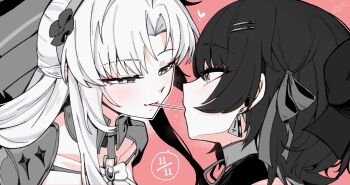 2girls aqua_eyes blush bow carlotta_(wuthering_waves) commentary_request dated earrings eye_contact female_rover_(wuthering_waves) food food_in_mouth hair_bow hair_ornament hair_ribbon hairband hairclip half-closed_eyes heart highres jewelry long_hair looking_at_another multiple_girls parallel_hairclips pink_background pocky pocky_day pocky_in_mouth portrait ribbon rover_(wuthering_waves) sidelocks spot_color starblame triangle_earrings wuthering_waves yellow_eyes yuri