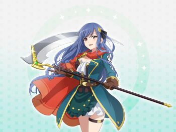 1girl blue_hair breasts brown_corset brown_gloves cleavage corset game_cg gloves green_jacket hair_ornament holding holding_scythe jacket kochou_shizuha large_breasts long_hair long_sleeves looking_at_viewer official_art open_mouth purple_eyes red_scarf scarf scythe shoujo_kageki_revue_starlight shoujo_kageki_revue_starlight_-re_live- solo standing thigh_strap upper_body