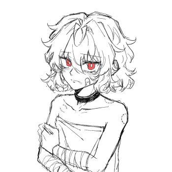 1boy bare_arms bare_shoulders bite_mark bite_mark_on_neck bite_mark_on_shoulder blush child chinese_commentary closed_mouth gangbang group_sex highres looking_at_viewer male_focus original red_eyes short_hair simple_background sleeveless translated user_fayp5532 white_background