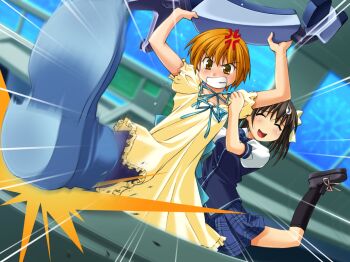 2girls 5pb. :d ^_^ angry arm_grab arms_up black_hair blonde_hair blue_thighhighs blush boots bow bowtie brown_hair chair clenched_teeth closed_eyes dress dutch_angle ever_17 flat_chest frills game_cg holding kicking knee_boots kneehighs leg_up matsunaga_sara multiple_girls open_mouth orange_eyes orange_hair plaid_clothes plaid_skirt pleated_skirt ribbon school_uniform scowl serafuku shoe_soles shoes short_hair short_twintails skirt smile snarl socks standing sundress sweatdrop takigawa_yuu tanaka_yubiseiakikana teeth thighhighs twintails vest yellow_eyes you