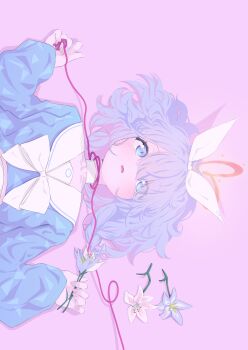 Rule 34 | 1girl, absurdres, arona (blue archive), blue archive, blue eyes, blue hair, blue shirt, blush, braid, choker, collarbone, colored inner hair, cropped, cropped shirt, flower, flower request, from above, hair over one eye, hairband, halo, hands up, heart, heart halo, highres, holding, holding flower, holding ribbon, jacket, jacket partially removed, long sleeves, looking up, lying, messy hair, multicolored hair, neck ribbon, pink background, pink hair, red halo, red ribbon, ribbon, sailor collar, sharp to sharp, shirt, short hair, simple background, single braid, solo, two-tone hair, white choker, white hair, white sailor collar