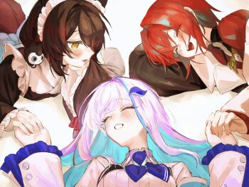 Rule 34 | 3girls, ^ ^, absurdres, ange katrina, ange katrina (1st costume), animal hair ornament, blue hair, blue neckerchief, blush, brown hair, closed eyes, colored inner hair, commentary, fang, frilled sleeves, frills, grin, group picture, hair intakes, highres, holding hands, inui toko, inui toko (1st costume), lize helesta, lize helesta (1st costume), long hair, long sleeves, looking at another, lying, maid headdress, medium hair, multicolored hair, multiple girls, neckerchief, nijisanji, open mouth, purple hair, red hair, sanbaka (nijisanji), shrug (clothing), sio apin, smile, streaked hair, two-tone hair, untranslatable commentary, virtual youtuber, white background, white headdress, white shrug, yellow eyes