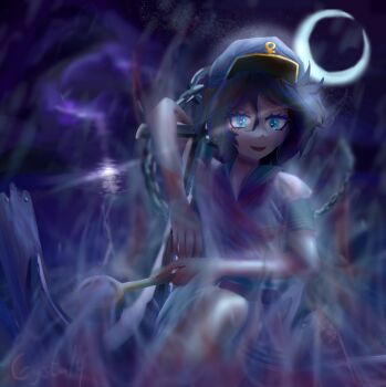 1girl anchor anchor_symbol black_hair blue_eyes chain crystal4 fog gold_trim hat holding holding_ladle ladle looking_at_viewer moon murasa_minamitsu neckerchief night night_sky open_mouth red_neckerchief sailor_collar shirt short_hair shorts sky smile solo touhou white_shirt white_shorts