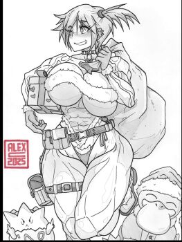 1girl abs alternate_muscle_size artalexc bell belt belt_pouch biceps black_border blush border box breasts cameltoe choker christmas cleavage collar covered_abs covered_erect_nipples ear_piercing earrings fur_trim gen_1_pokemon gen_2_pokemon gift gift_box gloves grin hat highleg highleg_panties highres holding holding_gift holding_sack holster huge_breasts jewelry large_breasts leotard misty_(pokemon) muscular muscular_female neck_bell nintendo obliques panties piercing poke_ball pokemon pokemon_(anime) pokemon_(classic_anime) pokemon_(creature) pokemon_rgby pouch psyduck running sack santa_costume santa_hat short_hair side_ponytail smile sweat thick_thighs thigh_gap thigh_pouch thigh_strap thighs togepi underboob underwear