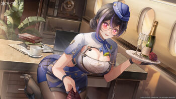 1girl :d absurdres airplane_interior artist_request beret black_hair black_pantyhose blue_dress blush book breasts champagne_bottle champagne_flute cleavage cleavage_cutout clothes_grab clothing_cutout computer cup desk dress drinking_glass flower glasses hair_bun hat highres laptop large_breasts looking_at_viewer multicolored_hair necktie necktie_grab neckwear_grab open_mouth pantyhose plant plate potted_plant purple_hair red_flower red_rose rose round_eyewear second-party_source short_sleeves sidelocks smile snowbreak:_containment_zone solo streaked_hair two-tone_hair vidya_shannon