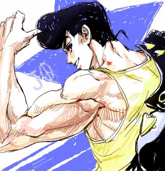 1boy biceps birthmark black_hair black_jacket blue_eyes book_cover_redraw derivative_work diamond_wa_kudakenai flexing from_behind hashtag-only_commentary higashikata_josuke highres jacket jacket_on_shoulders joestar_birthmark jojo_no_kimyou_na_bouken looking_back male_focus muscular muscular_male pompadour santamanymany smile solo tank_top teeth thumbs_up yellow_tank_top
