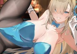 Rule 34 | 1girl, asuna (blue archive), asuna (bunny) (blue archive), blue archive, blue bow, blue bowtie, blue eyes, blue leotard, blue ribbon, bow, bowtie, breasts, brown hair, cleavage, commentary request, detached collar, gloves, hair ribbon, kakumayu, large breasts, leotard, long hair, looking at viewer, lying, mole, mole on breast, official alternate costume, on side, playboy bunny, ribbon, solo, white gloves