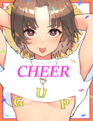 Rule 34 | 1girl, absurdres, arms behind head, arms up, breasts, brown eyes, brown hair, commentary, confetti, cropped shirt, earrings, english text, girls und panzer, highres, holding, holding pom poms, jewelry, looking at viewer, nipple piercing, oshiri seijin, parted bangs, piercing, pink pupils, pom pom (cheerleading), pom poms, sawa azusa, shirt, short hair, short sleeves, small breasts, smile, solo, t-shirt, tongue, tongue out, tongue piercing, underboob, white shirt