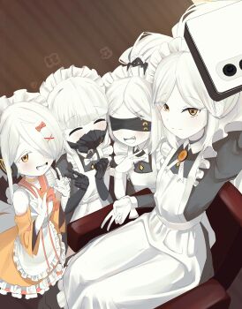 4girls absurdres alternate_costume alternate_hairstyle apron black_dress blindfold blue_archive blunt_bangs blush breasts cellphone closed_eyes closed_mouth colored_skin commentary dress ein_(blue_archive) fang hair_over_one_eye headphones highres holding holding_phone long_hair looking_at_viewer maid maid_apron maid_headdress malkuth_(blue_archive) mask mechanical_arms multiple_girls ohr_(blue_archive) open_mouth orange_dress phone ponytail respirator selfie short_hair smartphone smile sof_(blue_archive) unso_(exxxxit) v white_hair white_skin yellow_eyes