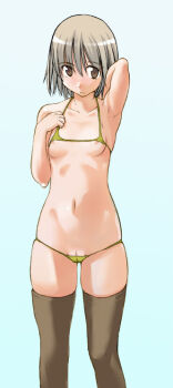 Rule 34 | 1girl, armpits, bikini, black thighhighs, blue background, breasts, brown eyes, brown thighhighs, cameltoe, female focus, halterneck, lowleg, lowleg bikini, micro bikini, nipple slip, nipples, silver hair, simple background, small breasts, solo, swimsuit, takeda sun, thighhighs, yellow bikini