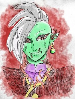 1boy colored_skin cracked_skin dragon_ball dragon_ball_super earrings green_skin grey_eyes horror_(theme) jewelry mohawk pointy_ears potara_earrings purple_shirt rakoyaki shirt short_hair white_hair worm zamasu