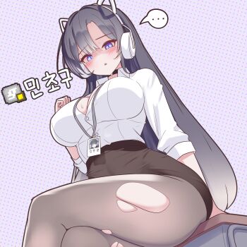 ... 1girl akaiv_studio animal_ear_headphones animal_ears black_hair black_skirt black_thighhighs blue_eyes breasts cat_ear_headphones cat_ears commentary cowboy_shot double-parted_bangs fake_animal_ears from_below hangyeol8008 headphones highres id_card lanyard large_breasts long_hair looking_at_viewer miniskirt open_mouth purple_background rapid17 shirt skirt solo speech_bubble spoken_ellipsis sweat thighhighs torn_clothes torn_thighhighs translation_request virtual_youtuber white_shirt