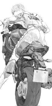 1boy ass bodysuit claire_redfield claire_redfield_(cosplay) cosplay from_behind greyscale highres ibex leon_s._kennedy looking_at_viewer looking_back male_focus monochrome motor_vehicle motorcycle muscular muscular_male on_motorcycle resident_evil short_hair sketch tight_clothes white_background