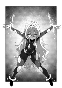 1girl bodysuit bound drooling greyscale maorisu_henkyo_haku monochrome original outstretched_arms solo tearing_up third-party_source torn_bodysuit torn_clothes