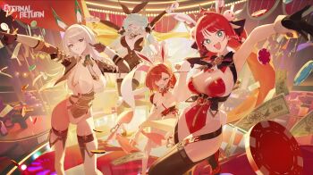 4girls animal_ears arm_up armpits arms_up bare_shoulders black_gloves black_leotard black_survival black_thighhighs blue_eyes boots bow bowtie braid breasts brooch brown_jacket brown_thighhighs chest_harness chiara_(black_survival) cleavage closed_eyes coin cropped_jacket detached_sleeves double_bun eternal_return:_black_survival fake_animal_ears fake_tail garter_straps gloves grey_eyes grin hair_bun hair_over_one_eye hairband hand_up harness haze_(black_survival) high_heels highleg highleg_leotard highres indoors jacket jewelry justyna_(black_survival) large_breasts leg_up leotard long_hair long_sleeves looking_at_viewer modare money multiple_girls official_alternate_costume official_art open_mouth outstretched_arm playboy_bunny poker_chip rabbit_ears rabbit_tail red_eyes red_hair red_leotard red_sandals sandals sash second-party_source see-through_clothes see-through_leotard smile sparkling_eyes strapless strapless_leotard swept_bangs tail thigh_boots thighhighs thighs tran_quynh_mai v-shaped_eyebrows white_boots white_hair white_hairband white_leotard white_sash wrist_cuffs