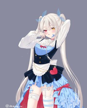 Rule 34 | 1girl, blue ribbon, blue skirt, blush, braid, breasts, choker, cleavage, cleavage cutout, clothing cutout, commentary, cowboy shot, dear arisu, double-parted bangs, english commentary, frilled shirt, frills, gauze, gauze on cheek, gauze on face, gauze on leg, grey background, hair between eyes, hair ribbon, hand up, heart, heart choker, heterochromia, high-low skirt, highres, long hair, long sleeves, looking at viewer, open mouth, original, red choker, red eyes, ribbon, shirt, simple background, skirt, small breasts, solo, thigh strap, twin braids, twintails, underbust, white hair, white shirt, yellow eyes