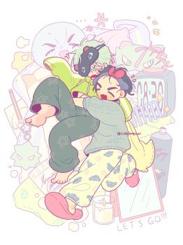 Rule 34 | 2boys, alien stage, alternate costume, anger vein, black mask, bow, candle, charm (object), coldmeow, commentary, english text, green hoodie, grey sweater, hair spray, highres, hood, hoodie, hug, ivan (alien stage), male focus, mask, mask on head, mirror, multiple boys, pajama pants, pants, pencil, pink slippers, red bow, sleep mask, slippers, star (symbol), star print, sweater, till (alien stage), yellow pants