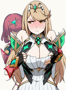 2girls animated animated_gif annoyed assisted_exposure bakkanki blonde_hair bouncing_breasts breast_press breasts breasts_out flashing grabbing_another&#039;s_breast groping large_breasts multiple_girls mythra_(xenoblade) nipples pyra_(xenoblade) red_hair selfcest undressing undressing_another xenoblade_chronicles_(series) xenoblade_chronicles_2 yellow_eyes yuri