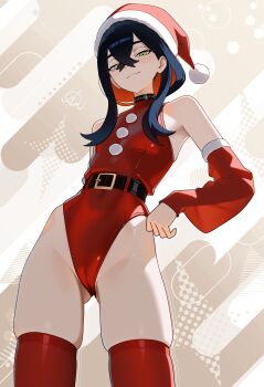 1girl absurdres artist_name belt black_belt black_choker black_hair breasts cameltoe carmine_(pokemon) choker closed_mouth colored_inner_hair crossed_bangs detached_sleeves hat highleg highleg_leotard highres hip_bones leotard mole mole_under_eye multicolored_hair nintendo otokakoto pokemon pokemon_sv red_hair red_leotard red_thighhighs santa_hat skindentation small_breasts smile solo thighhighs thighs two-tone_hair yellow_eyes