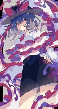 1girl black_hat black_skirt blue_hair capelet commentary frilled_capelet frilled_ribbon frills hair_between_eyes hat highres looking_at_viewer nagae_iku nail_polish necktie nikorashi-ka one-hour_drawing_challenge parted_lips red_eyes red_nails red_necktie ribbon short_necktie skirt solo standing touhou white_capelet