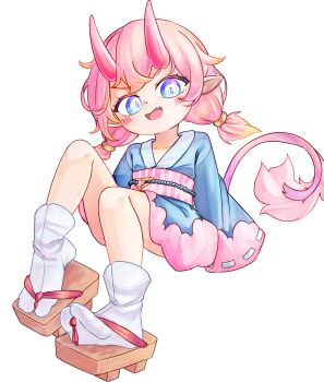 1girl bilingual_commentary blue_eyes chaosexceed commentary english_commentary fang full_body geta highres horns japanese_clothes mixed-language_commentary open_mouth original paid_reward_available pink_hair simple_background sleeves_past_fingers sleeves_past_wrists socks solo tabi tail white_background white_socks