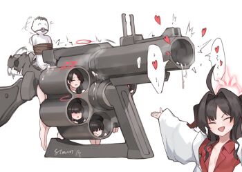 1boy 5girls ahoge ball_gag bdsm black_hair blue_archive bondage bound cannon closed_eyes closed_mouth cum doodle_sensei_(blue_archive) gag gagged gun hair_ornament hairclip halo heart hetero ichika_(blue_archive) justice_task_force_member_(blue_archive) kasumi_(blue_archive) koharu_(blue_archive) lab_coat long_hair long_sleeves multiple_girls open_mouth red_shirt rope sensei_(blue_archive) sex shirt simple_background speech_bubble spoken_heart stmast weapon what white_background wide_sleeves