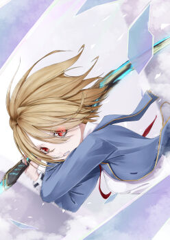 Rule 34 | 1girl, absurdres, blue jacket, brown hair, clenched teeth, commentary request, eyelashes, glass shards, heaven burns red, highres, holding, holding sword, holding weapon, jacket, kalin note, kayamori ruka, motion lines, necktie, open clothes, open jacket, red eyes, red necktie, shirt, short hair, speed lines, swinging weapon, sword, teeth, upper body, weapon, white shirt