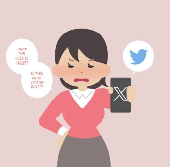 1girl annoyed asian bad_source black_hair blush breasts chibi english_text hand_on_own_hip large_breasts looking_at_viewer narrow_waist netorase open_mouth original pink_background shirt_under_sweater short_hair simple_background skirt soraoraora speech_bubble twitter_logo