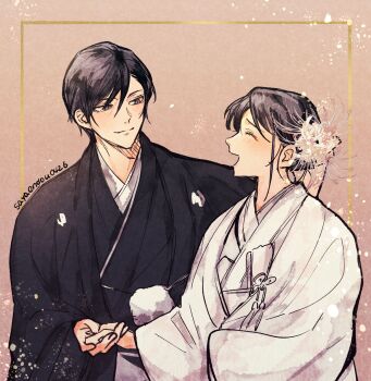 Rule 34 | 1boy, 1girl, artist name, black hair, black kimono, closed eyes, closed mouth, commentary request, couple, drawstring, flower, fox mask (silent hill), grey eyes, hair between eyes, hair flower, hair ornament, hetero, highres, holding hands, husband and wife, japanese clothes, kimono, looking at another, open mouth, pom pom (clothes), pom pom drawstring, sayaendou0426, shimizu hinako, short hair, silent hill (series), silent hill f, smile, tsuneki kotoyuki, updo, white flower, white kimono