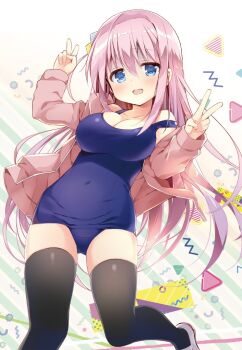 1girl bare_shoulders black_thighhighs blue_eyes blue_one-piece_swimsuit blush bocchi_the_rock! breasts cleavage collarbone commentary_request covered_navel cube_hair_ornament double_v eyelashes feet_out_of_frame floating_hair gotoh_hitori green_background hair_between_eyes hair_ornament hands_up jacket large_breasts loafers long_hair long_sleeves looking_at_viewer nagayama_yuunon off_shoulder one-piece_swimsuit one_side_up open_clothes open_jacket open_mouth pink_hair pink_jacket shaded_face shoes sidelocks simple_background solo standing standing_on_one_leg striped_background swimsuit thighhighs v very_long_hair white_background white_shoes