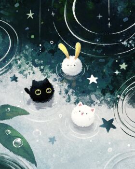 animal_ears cat cat_ears dog fluff leaf looking_at_viewer original penpen_(pencopeco) rabbit rain ripples soot star_(symbol) tongue tongue_out water