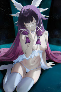 1girl babydoll black_hair breasts cameltoe closed_eyes columbina_(genshin_impact) commentary_request ei_(eiei_e1) eye_mask genshin_impact hair_wings highres long_hair mask medium_breasts midriff navel nipples panties purple_hair solo thighhighs thighs underwear very_long_hair white_babydoll white_panties white_thighhighs white_wings wings