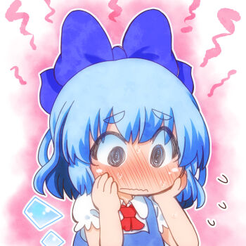 1girl @_@ ascot blue_bow blue_dress blue_eyes blue_hair blush bow cirno closed_mouth collared_shirt detached_wings dress hair_bow hands_on_own_cheeks hands_on_own_face ice ice_wings matty_(zuwzi) pinafore_dress puffy_short_sleeves puffy_sleeves red_ascot shirt short_sleeves sleeveless sleeveless_dress solo touhou white_shirt wings