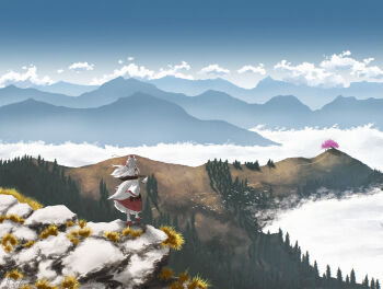 Rule 34 | 1girl, animal ears, bird, blue sky, cherry blossoms, cloud, commentary, day, detached sleeves, english commentary, facing away, frilled skirt, frills, from behind, full body, geta, grey hair, hat, highres, inubashiri momiji, long hair, mountainous horizon, oubachiago, outdoors, procreate (medium), red hat, red sandals, red skirt, sandals, scenery, sheath, sheathed, signature, skirt, sky, socks, solo, sword, sword on back, tail, tengu-geta, tokin hat, touhou, tree, weapon, weapon on back, white bird, white socks, wolf ears, wolf girl, wolf tail